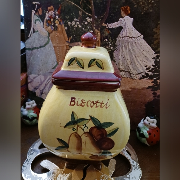 🏕🍎Vintage Biscotti🍪COOKIE JAR 🍱 VERY PRETTY,HAND PAINTED Ceramic. - Picture 11 of 11